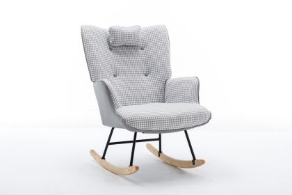 35.5 inch Rocking Chair, Soft Houndstooth Fabric Leather Fabric Rocking Chair for Nursery, Comfy Wingback Glider Rocker with Safe Solid Wood Base for (Color: Light Grey, Material: Cotton Linen)