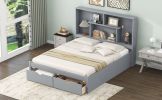 Queen Size Platform Bed with Storage Headboard and 2 Drawers